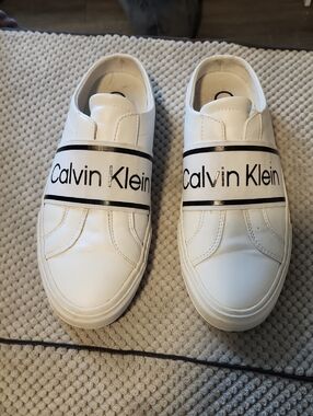 Calvin Klein White Mule Sneakers with Black Logo Strap - Women's 8.5